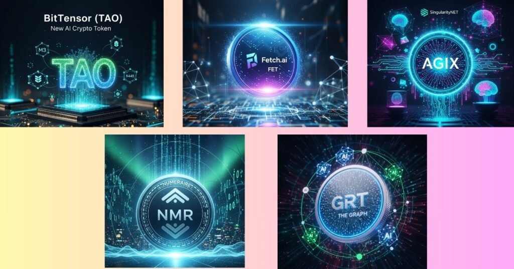 एक ग्राफिक जिसमें पांच प्रमुख AI क्रिप्टो टोकन्स - BitTensor (TAO), Fetch.ai (FET), SingularityNET (AGIX), Numeraire (NMR), और The Graph (GRT) - के लोगो एक टेक बैकग्राउंड पर दिखाए गए हैं। AI Tokens.