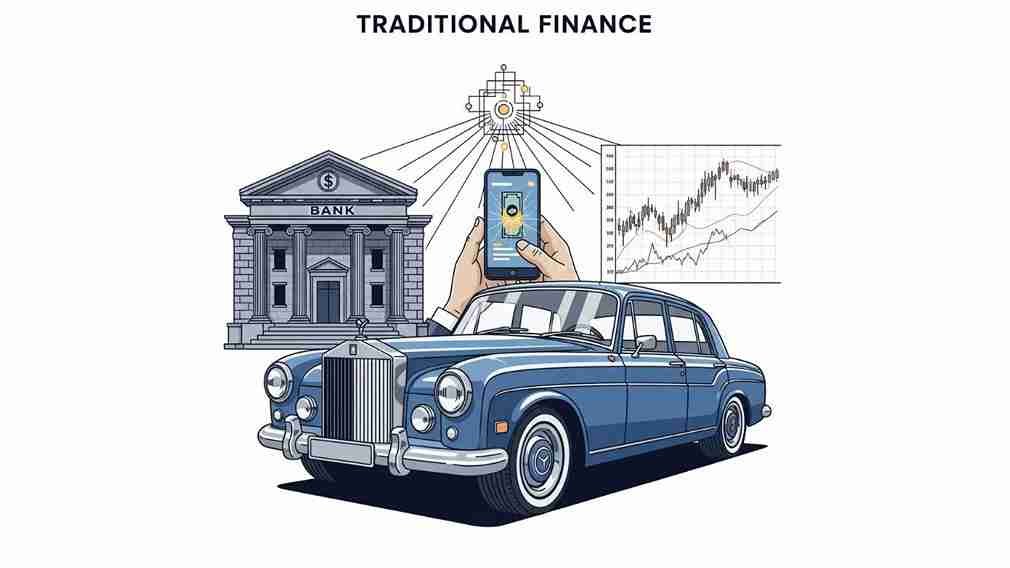 पारंपरिक वित्त (TradFi) का चित्रण: एक क्लासिक कार, बैंक और शेयर बाजार के ग्राफ को दिखाते हुए।